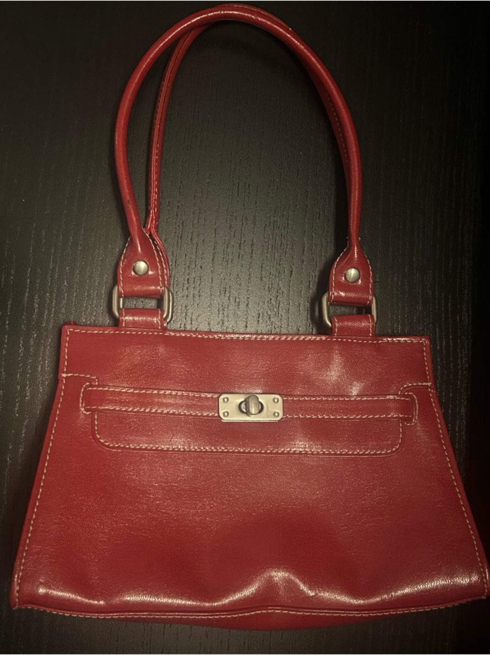 Red Leather Shoulder Bag with Turn-Lock Closure
